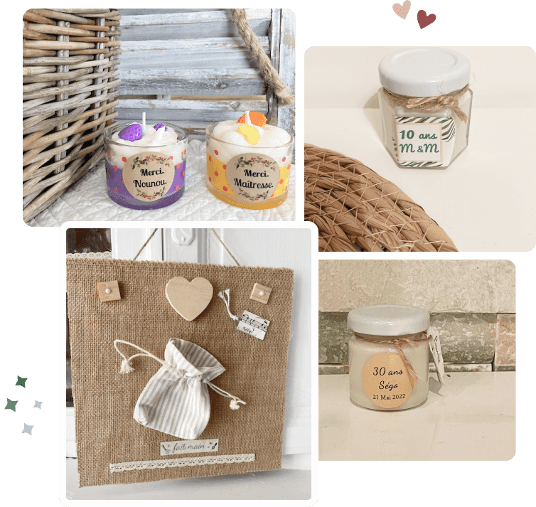 Exemples de bougies et de cadres personnalisées par Jardin Zen de Loly