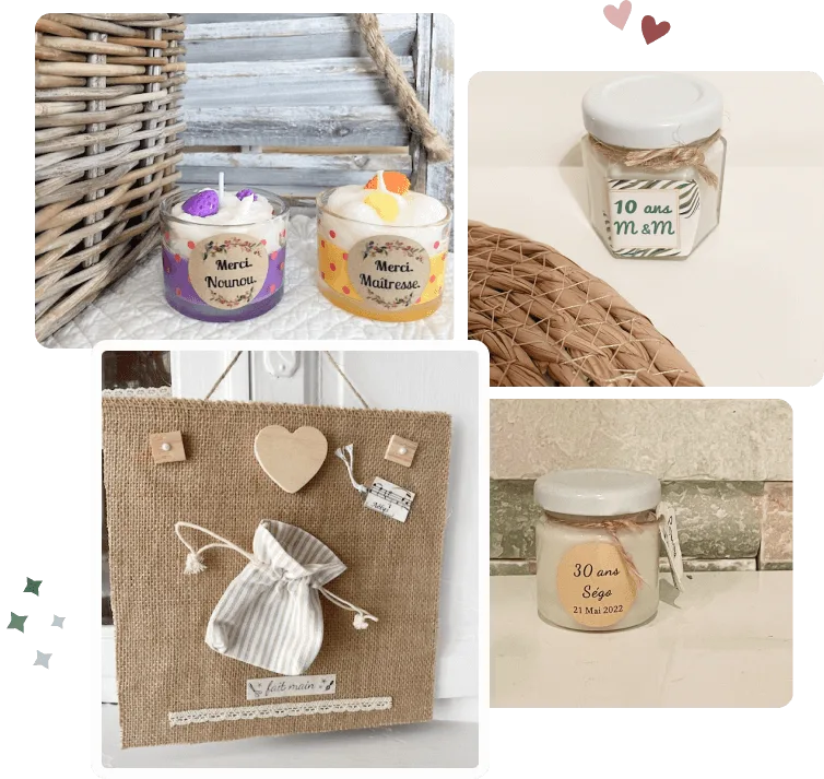 Exemples de bougies et de cadres personnalisées par Jardin Zen de Loly