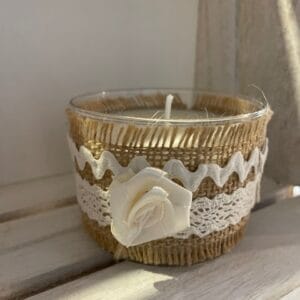 Bougie toile de jute broderie fait main senteur Fleur de lin 150gr