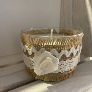 Bougie toile de jute broderie fait main senteur Fleur de lin 150gr